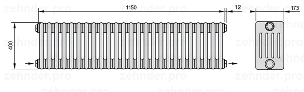 Схема (чертеж) Радиатор Zehnder Charleston 5040/25 №2670 Белый глянцевый RAL 9016